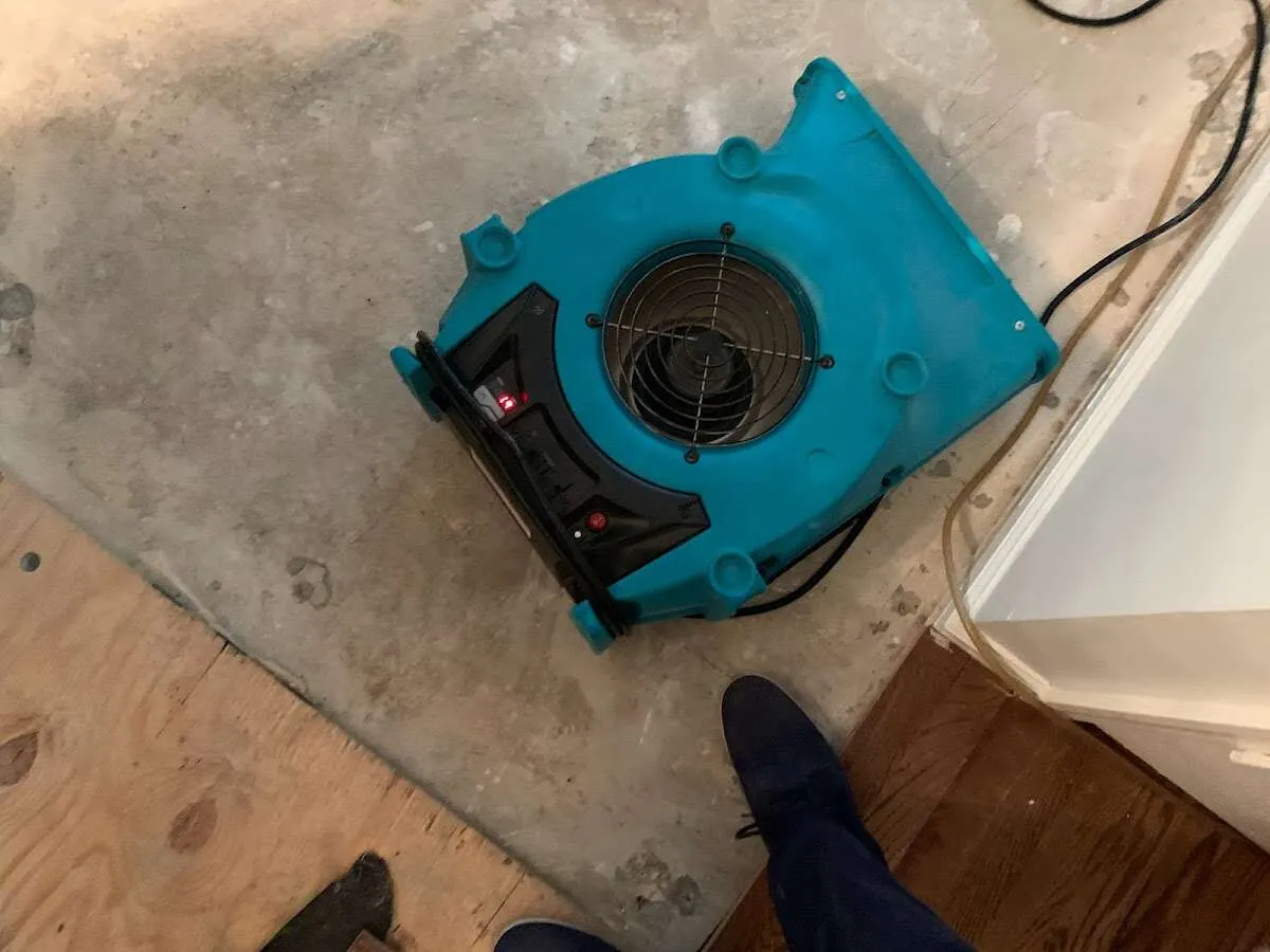 Air mover drying subfloor during Commercial Water Damage Restoration in Ellenton
